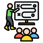 Person presenting a flowchart or strategy on a board to a group of three seated people.