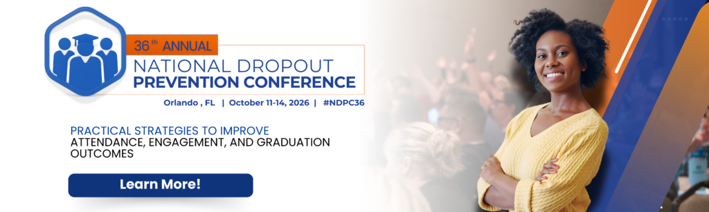 Smiling woman stands with arms crossed; text promotes the 36th Annual National Dropout Prevention Conference.