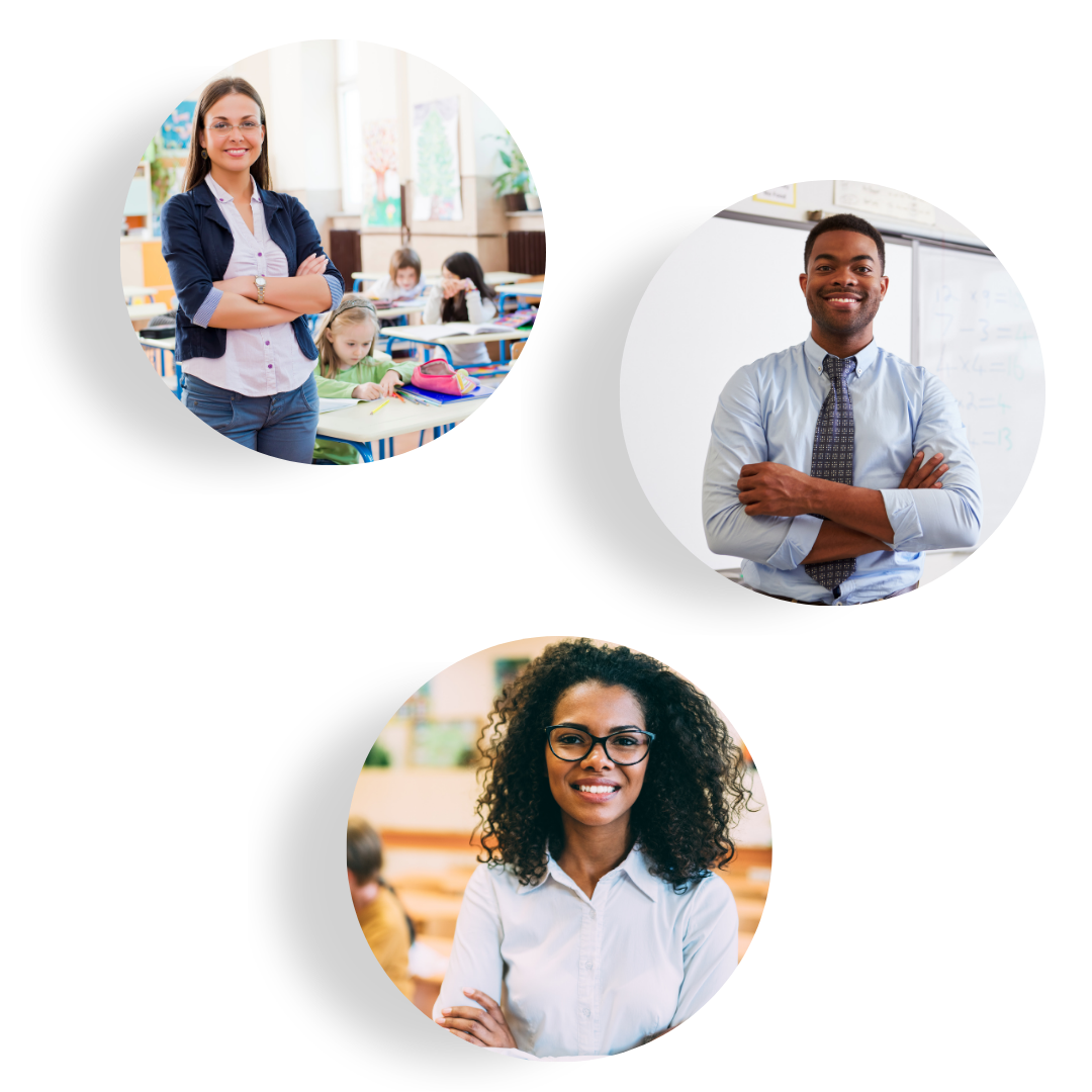 Three teachers smiling and posing with arms crossed in classroom settings.