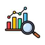 Colorful bar and line graph with a magnifying glass overlaid, symbolizing data analysis.
