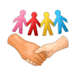 Two hands shaking below four colorful paper cut-out figures holding hands, symbolizing unity and cooperation.