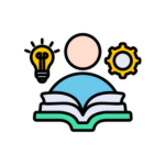 A person with an open book, a light bulb, and a gear symbolizing learning, ideas, and problem-solving.