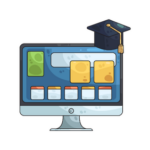 Computer monitor displaying colorful blocks with a graduation cap on top, symbolizing online learning.