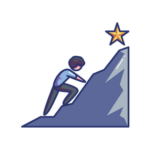 Illustration of a person climbing a steep mountain toward a shining star at the top.