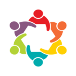 Five colorful, stylized human figures holding hands in a circle on a light background.